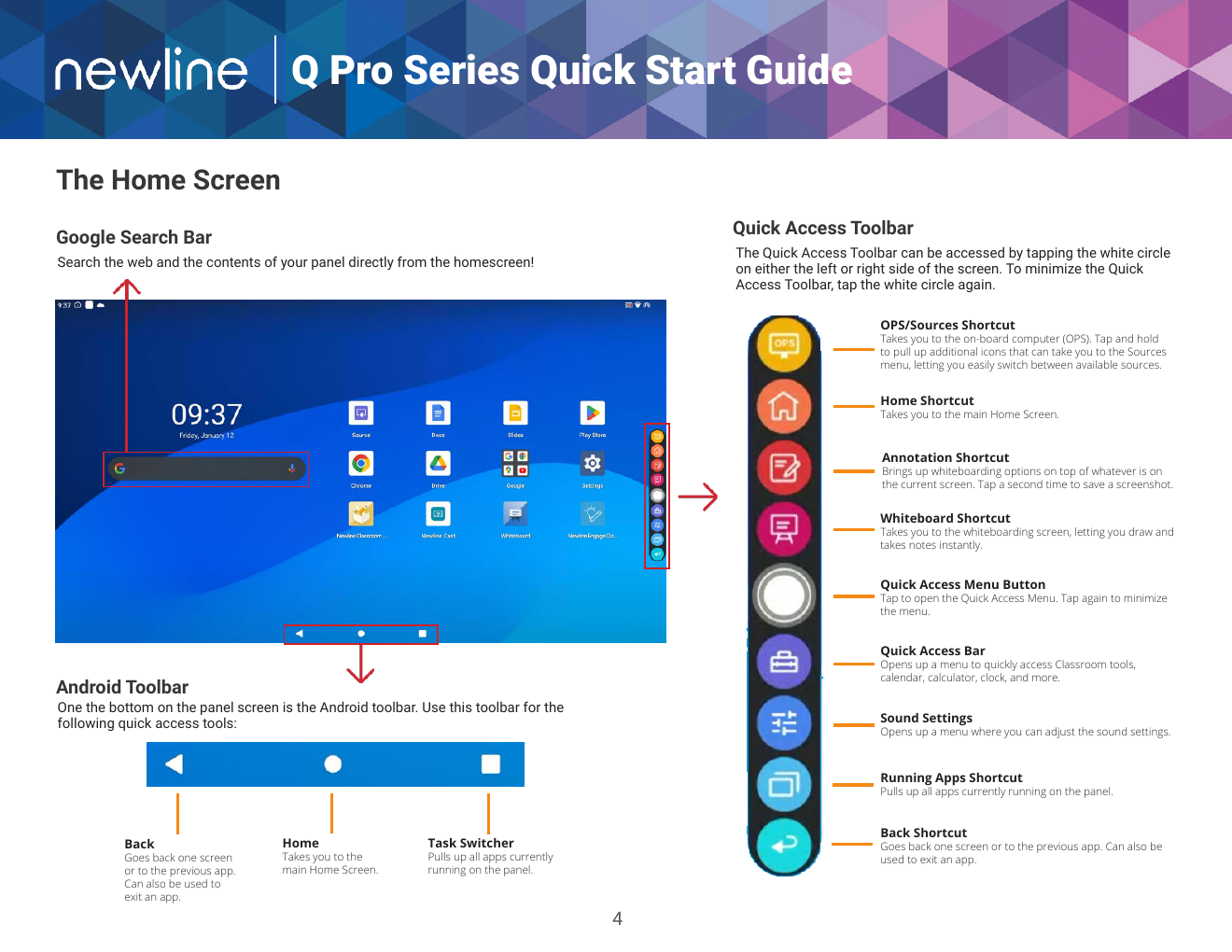 Annotated Newline Q Pro home-screen reference used in the Board Ready training hub